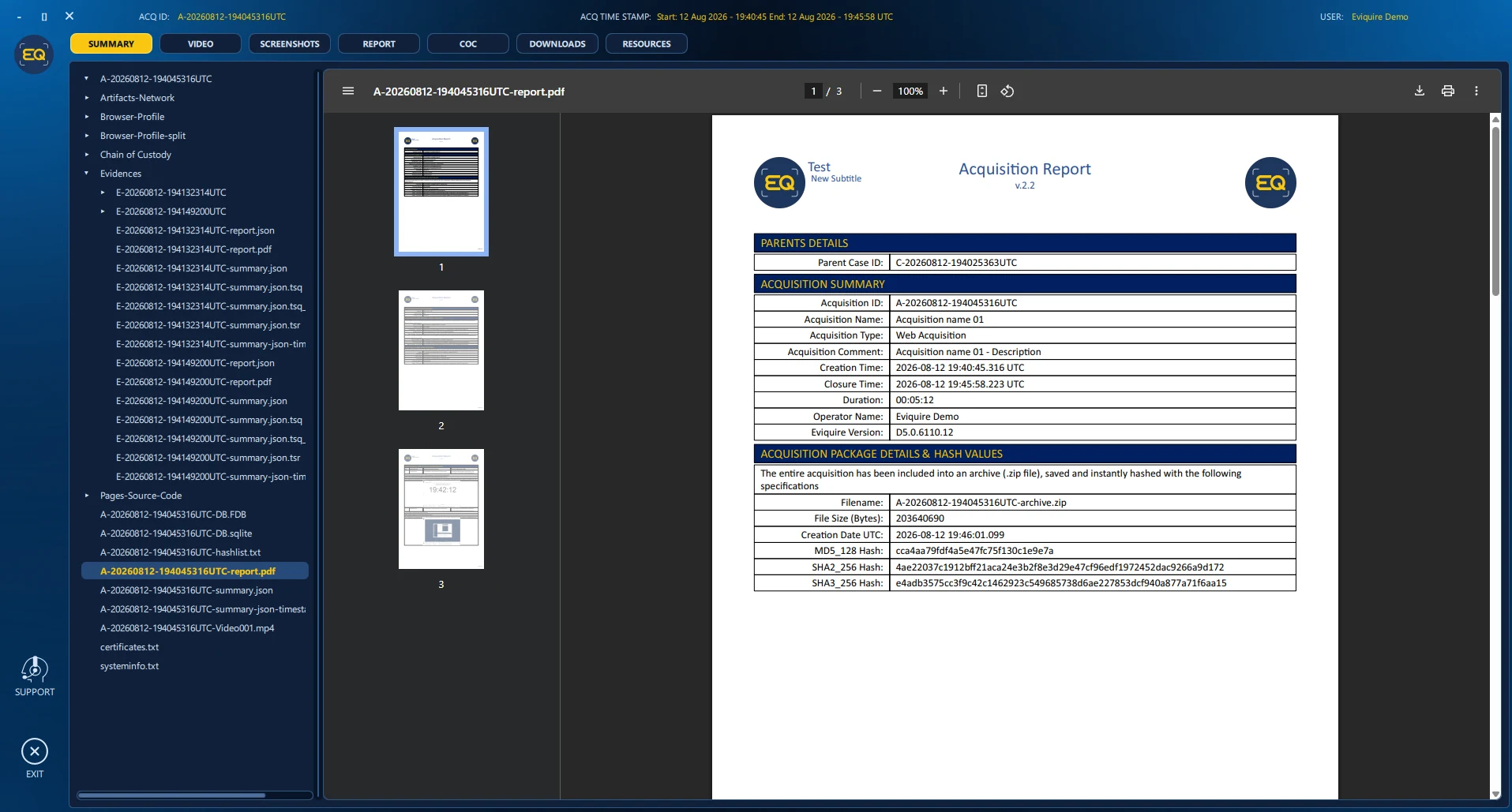 Eviquire Case Review displaying an acquisition report.